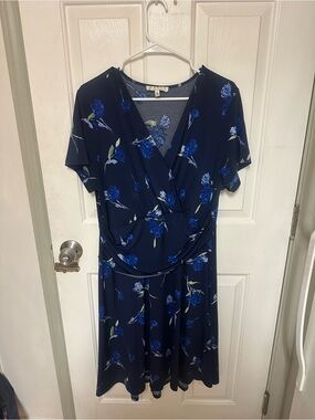 CHAUS NEW YORK Floral VNeck Navy Long Maxi Stretchy Sundress Dress